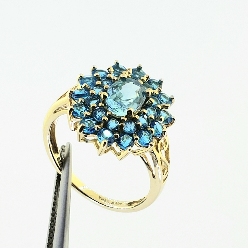 Ladies 14K Gold Swiss Blue Topaz Cluster Ring